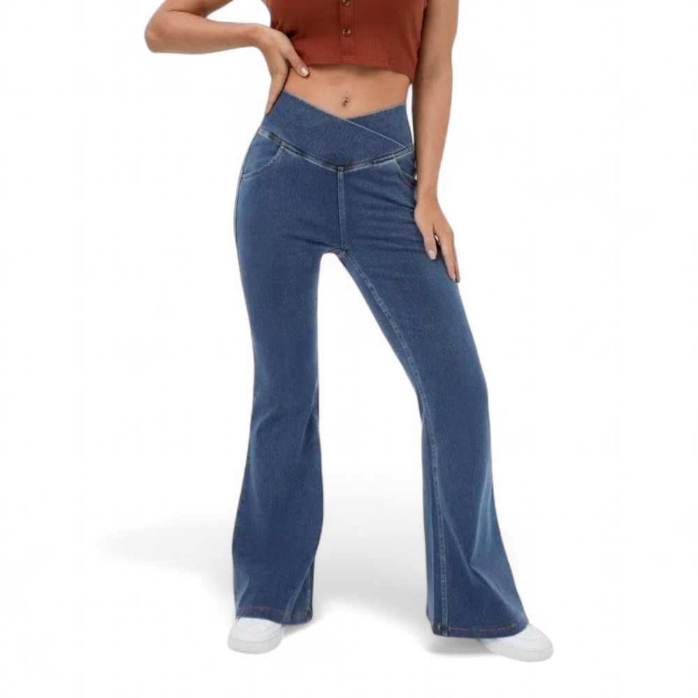 NWT Halara Magic Crossover High Waistband Stretchy Knit Denim Flare Leg Jeans XL